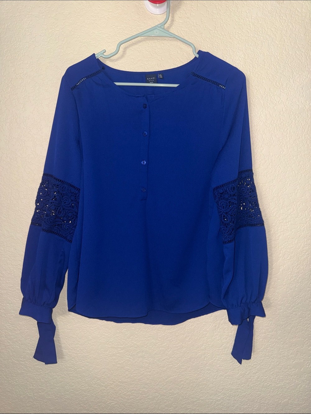 Kaari Blue Royal Blue Lace-Detail Long Sleeve Blouse